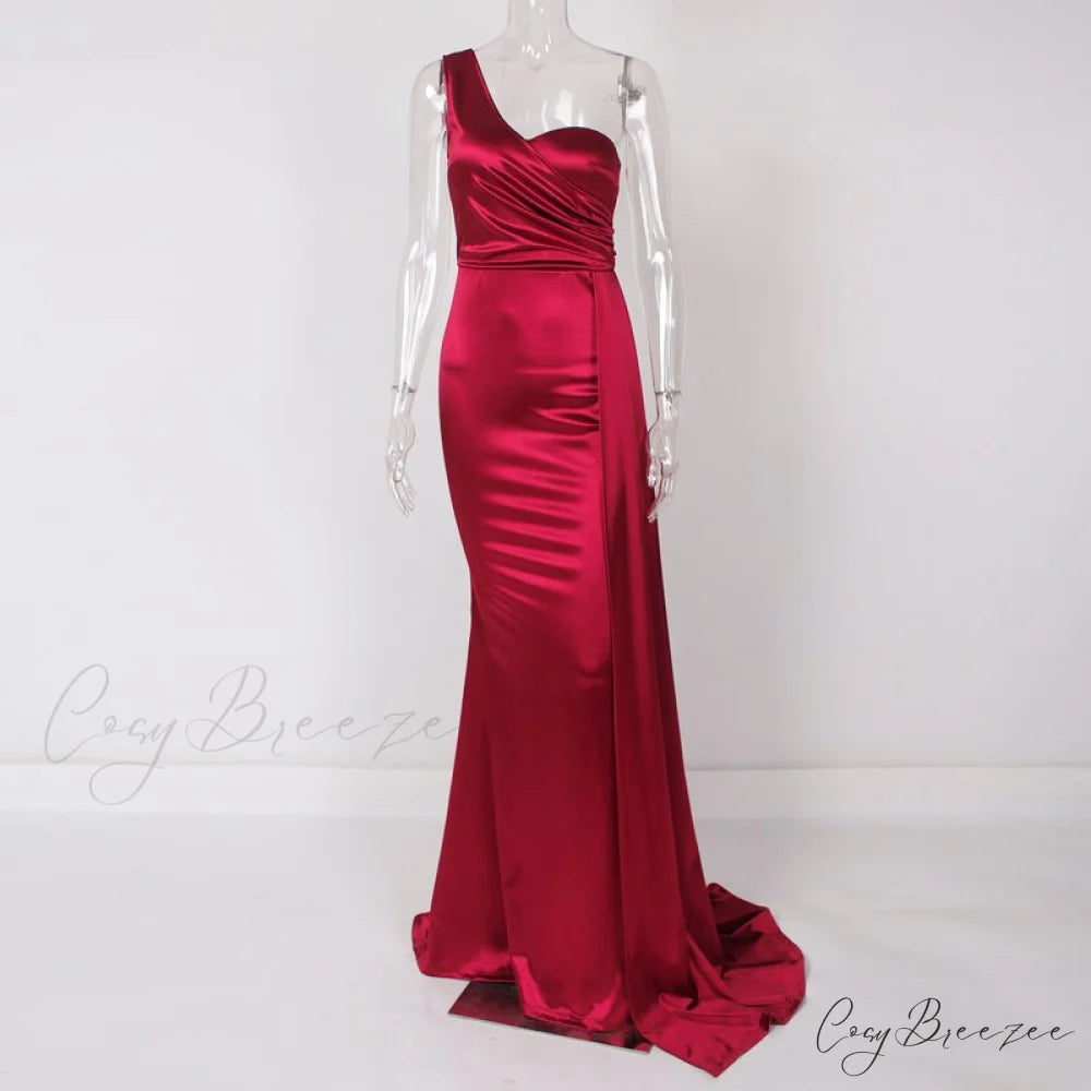 Women’s Blue Evening Green Gown Full-Length Party Royal with Sexy Gown Satin Long Ribbon Draped Dress Burgundy / XS