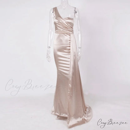 Women’s Blue Evening Green Gown Full-Length Party Royal with Sexy Gown Satin Long Ribbon Draped Dress Ivory / XS