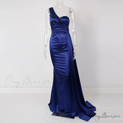 Women’s Blue Evening Green Gown Full-Length Party Royal with Sexy Gown Satin Long Ribbon Draped Dress Blue / XS