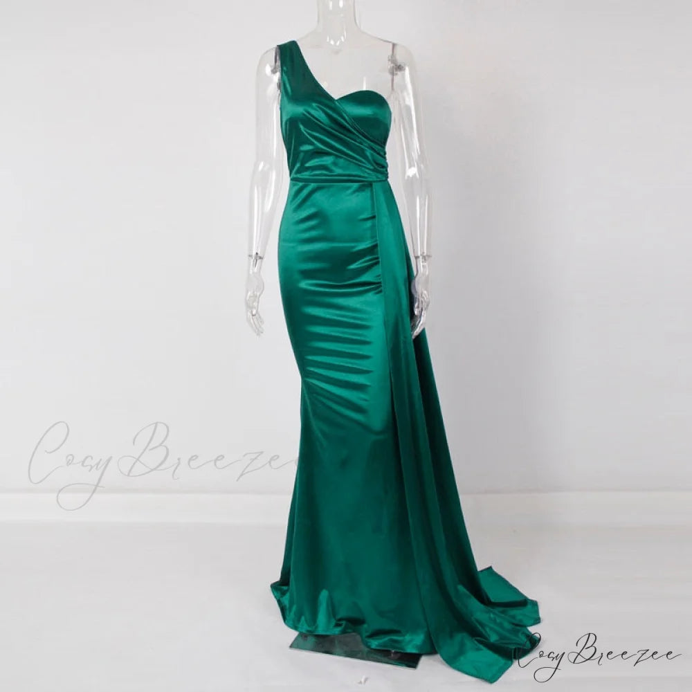 Women’s Blue Evening Green Gown Full-Length Party Royal with Sexy Gown Satin Long Ribbon Draped Dress Green / XS