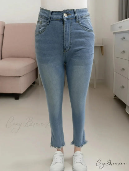 Women’s Blue High-Stretch Skinny with Faux Pearl Decor and Slim Fit - Stylish and Comfortable Denim Jean