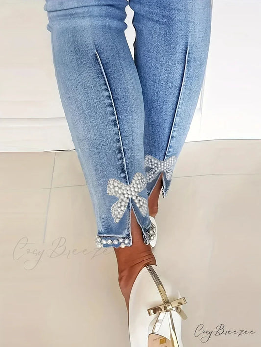 Women’s Blue High-Stretch Skinny with Faux Pearl Decor and Slim Fit - Stylish and Comfortable Denim Jean