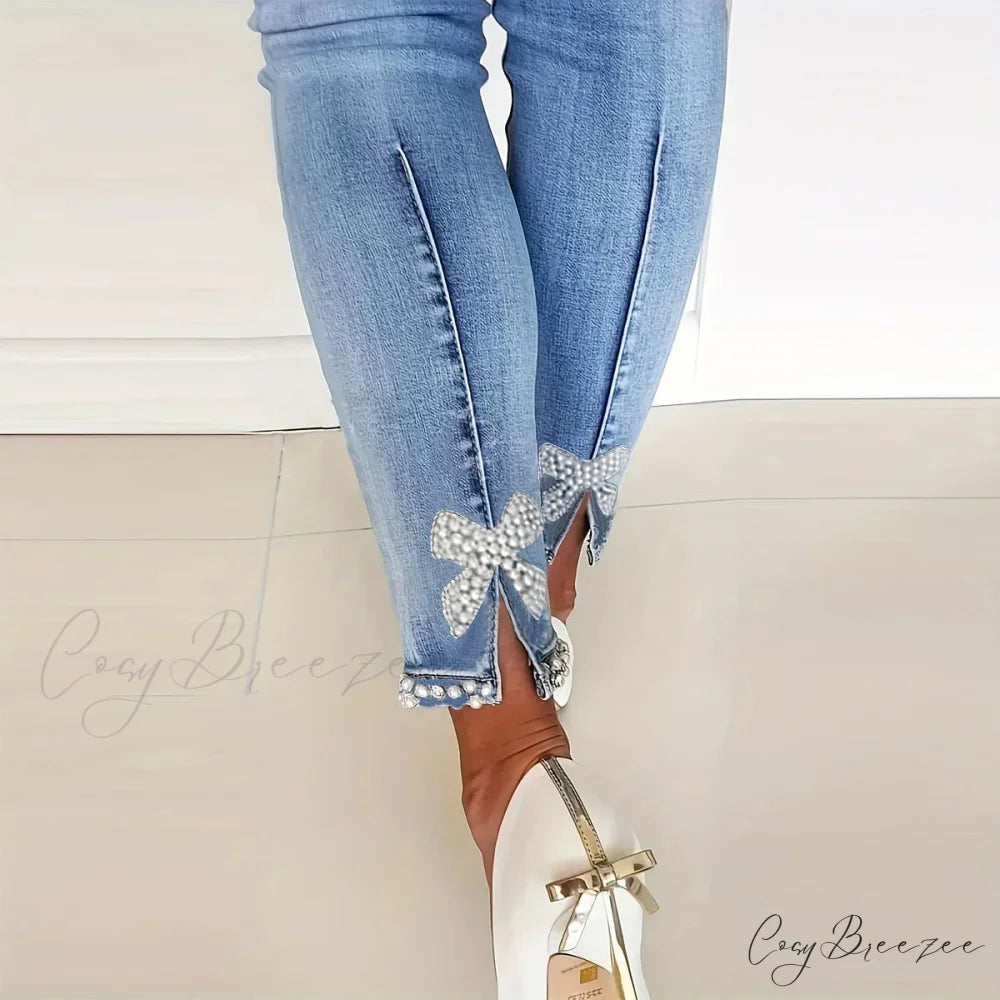 Women’s Blue High-Stretch Skinny with Faux Pearl Decor and Slim Fit - Stylish and Comfortable Denim Jean Blue / S