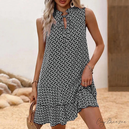 Women’s Bodycon 2024 Fashion Flowers Printed Mini Shorts Summer Waist Short Sleeve Dress Black / M