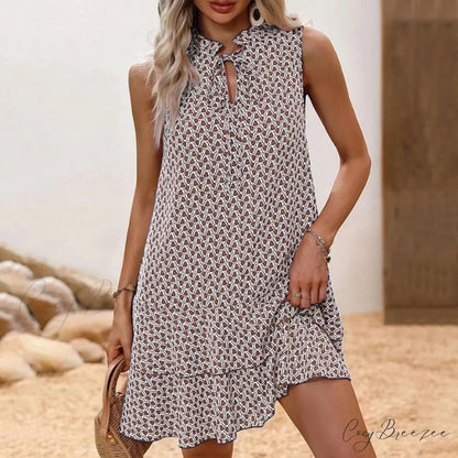 Women’s Bodycon 2024 Fashion Flowers Printed Mini Shorts Summer Waist Short Sleeve Dress Khaki / M