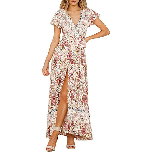 Bohemian Floral Wrap V Neck Maxi Dress for Women