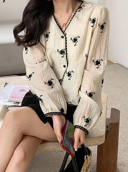 Women’s Button Blouse Up 2024 V Spring Neck Long Arm Patterned Casual Top