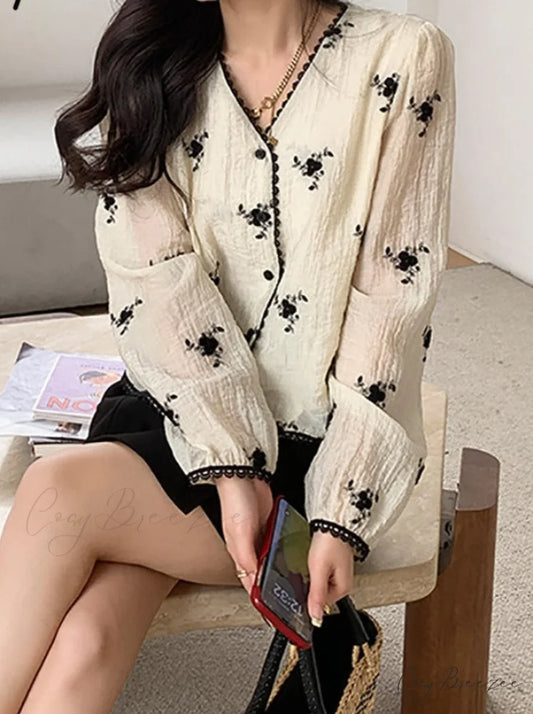 Women’s Button Blouse Up 2024 V Spring Neck Long Arm Patterned Casual Top