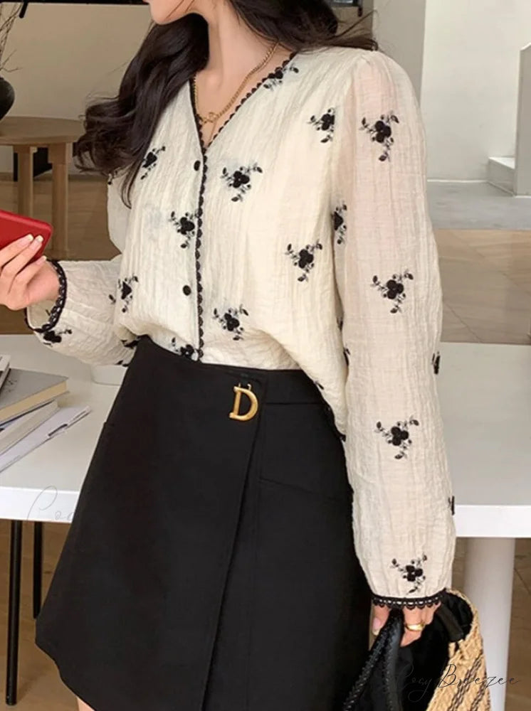 Women’s Button Blouse Up 2024 V Spring Neck Long Arm Patterned Casual Top