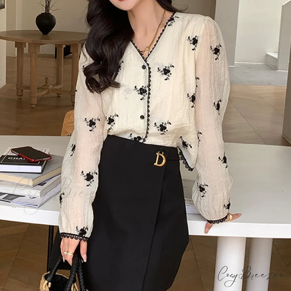 Women’s Button Blouse Up 2024 V Spring Neck Long Arm Patterned Casual Top Mixed Color / S
