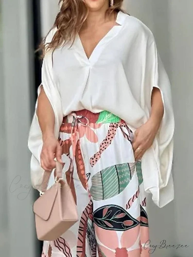 Women’s Casual Arm - Blouse Fit Pants Daily Drawstring - Fashion - Design Flowered Set & Long White Neck V Regular