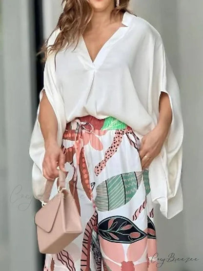 Women’s Casual Arm - Blouse Fit Pants Daily Drawstring - Fashion - Design Flowered Set & Long White Neck V Regular