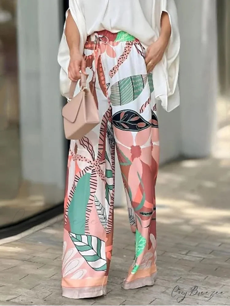 Women’s Casual Arm - Blouse Fit Pants Daily Drawstring - Fashion - Design Flowered Set & Long White Neck V Regular