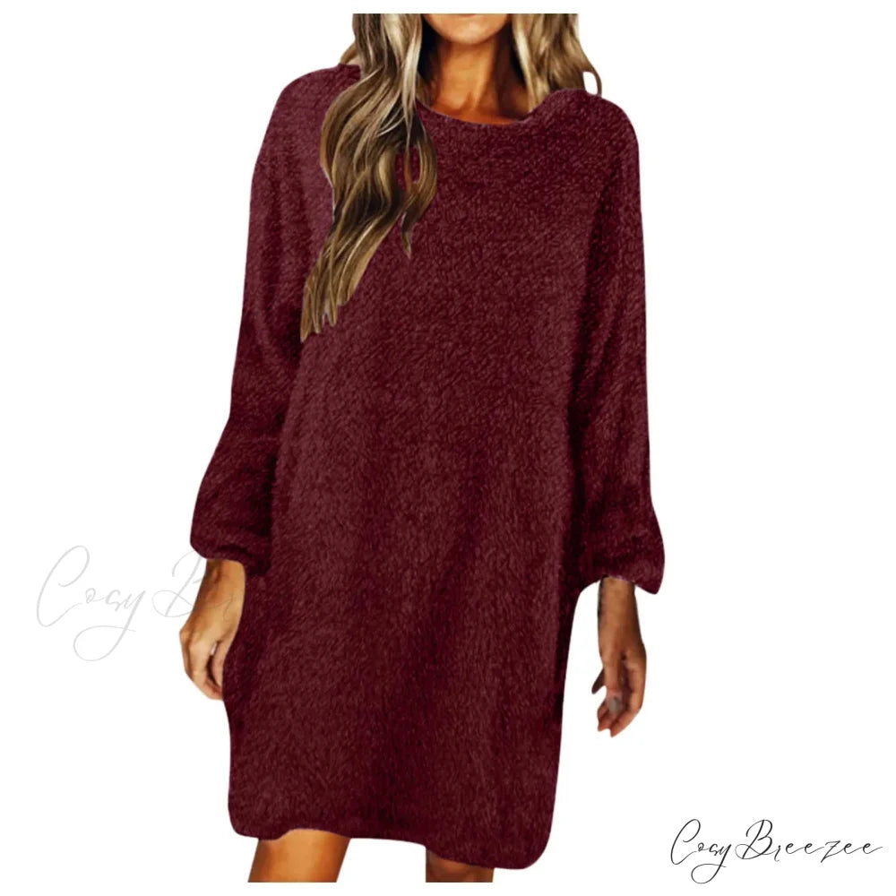Women’s Casual Floral Splicing Printed Round Neck Midi 2024 New Spring Autumn Fashion Loose Long Sleeve Dress Wine / S