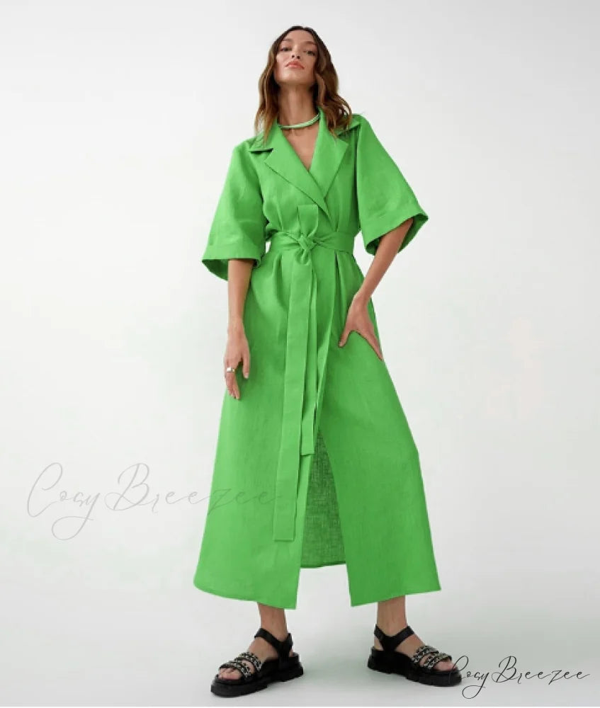Women’s Casual Loose Half Sleeve Cotton Linen Office Blazers Dress M / GREEN