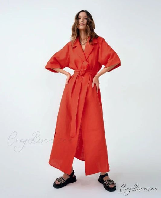 Women’s Casual Loose Half Sleeve Cotton Linen Office Blazers Dress S / RED