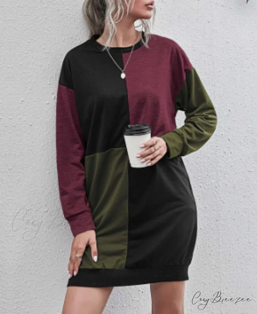 Womens Casual Pullover Sweater Long Sleeve Colorblock Top Dress S / GREEN