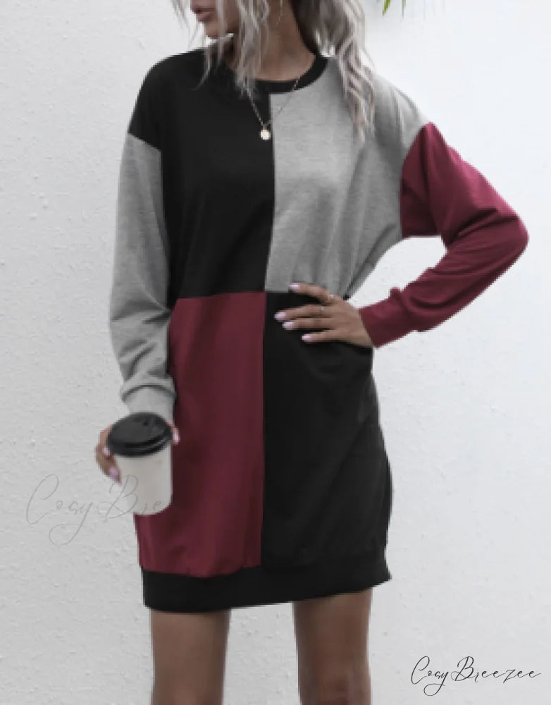 Womens Casual Pullover Sweater Long Sleeve Colorblock Top Dress S / RED