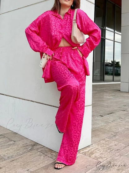 Women’s - Casual Spring Arm Design - & in Fit Leopard Daily Long Fashion Red Blouse White - Regular Black Pants Sets
