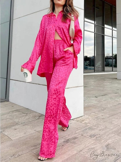 Women’s - Casual Spring Arm Design - & in Fit Leopard Daily Long Fashion Red Blouse White - Regular Black Pants Sets