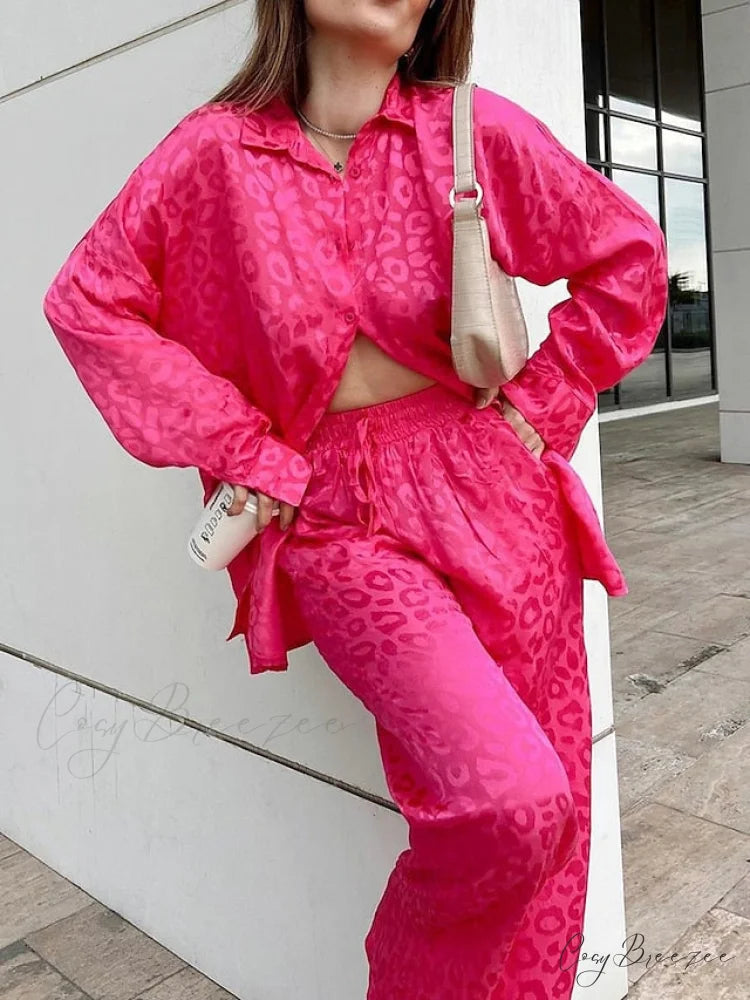 Women’s - Casual Spring Arm Design - & in Fit Leopard Daily Long Fashion Red Blouse White - Regular Black Pants Sets