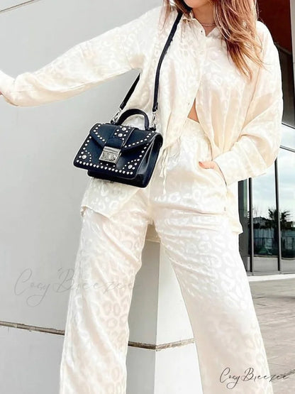 Women’s - Casual Spring Arm Design - & in Fit Leopard Daily Long Fashion Red Blouse White - Regular Black Pants Sets