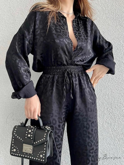 Women’s - Casual Spring Arm Design - & in Fit Leopard Daily Long Fashion Red Blouse White - Regular Black Pants Sets