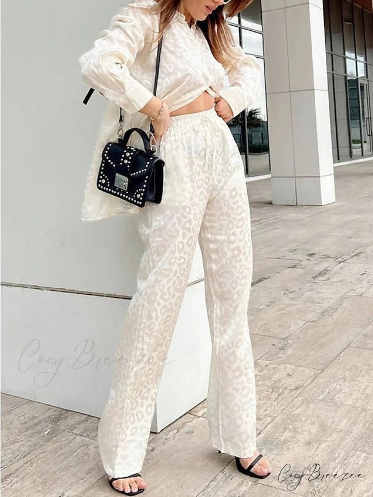 Women’s - Casual Spring Arm Design - & in Fit Leopard Daily Long Fashion Red Blouse White - Regular Black Pants Sets