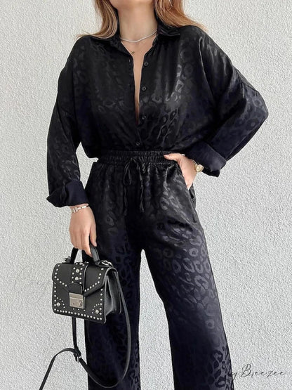 Women’s - Casual Spring Arm Design - & in Fit Leopard Daily Long Fashion Red Blouse White - Regular Black Pants Sets