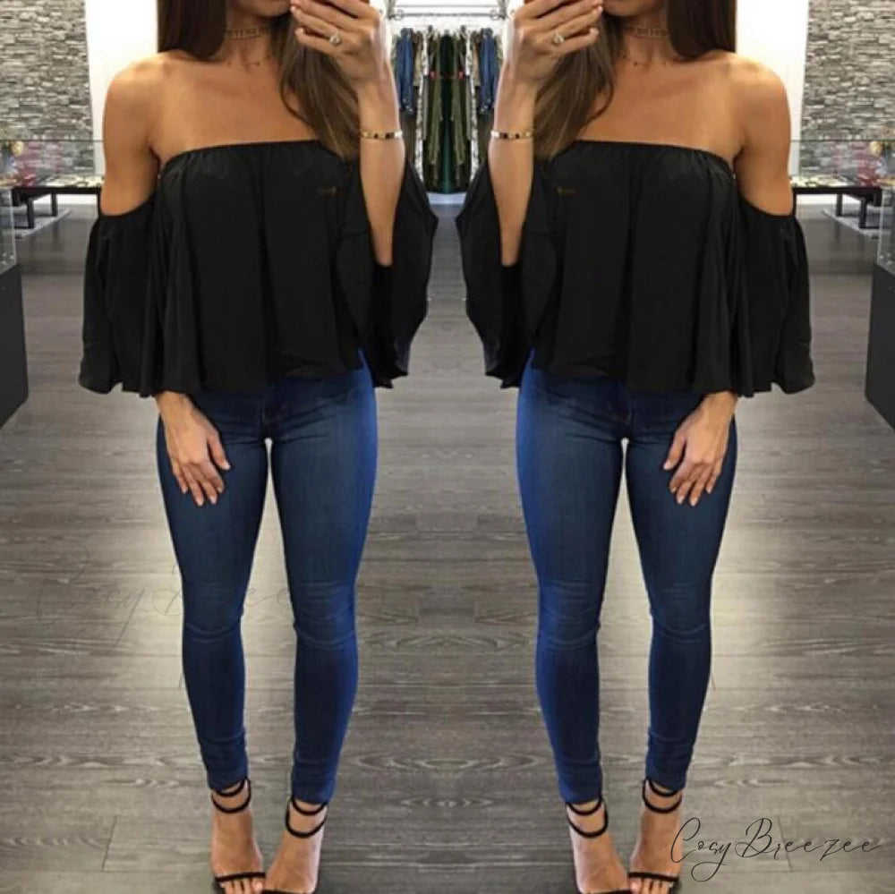 Women’s Chiffon Off Shoulder - Warm-Season Top Coastal Strapless - T-shirt 5XL
