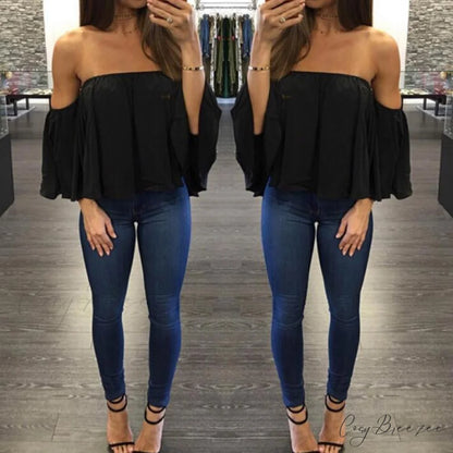 Women’s Chiffon Off Shoulder - Warm-Season Top Coastal Strapless - T-shirt 5XL