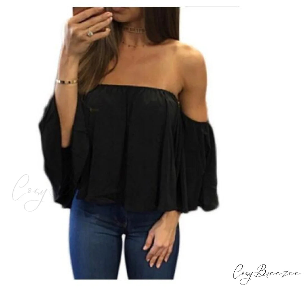 Women’s Chiffon Off Shoulder - Warm-Season Top Coastal Strapless - T-shirt 5XL Black / XS
