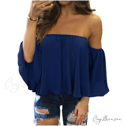 Women’s Chiffon Off Shoulder - Warm-Season Top Coastal Strapless - T-shirt 5XL dark bule / XS