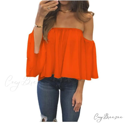 Women’s Chiffon Off Shoulder - Warm-Season Top Coastal Strapless - T-shirt 5XL Orange / XS