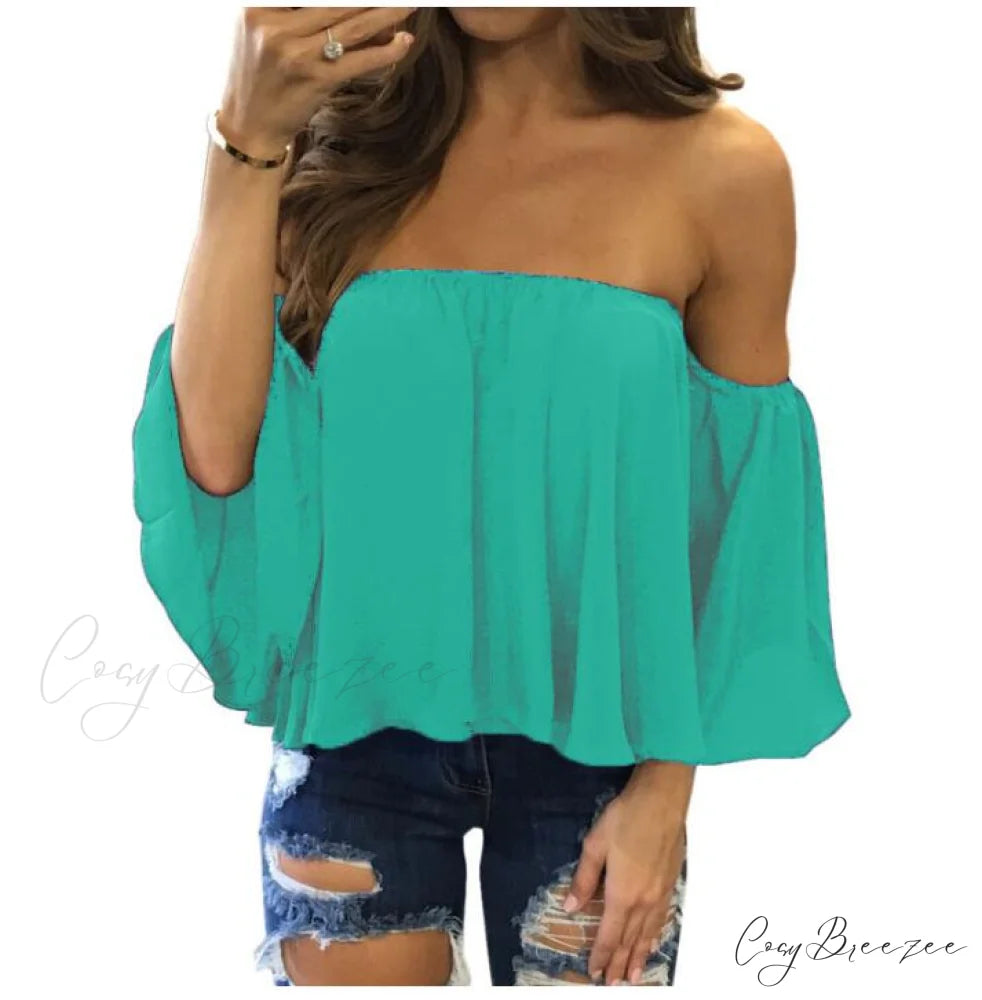 Women’s Chiffon Off Shoulder - Warm-Season Top Coastal Strapless - T-shirt 5XL Peacock Blue / XS