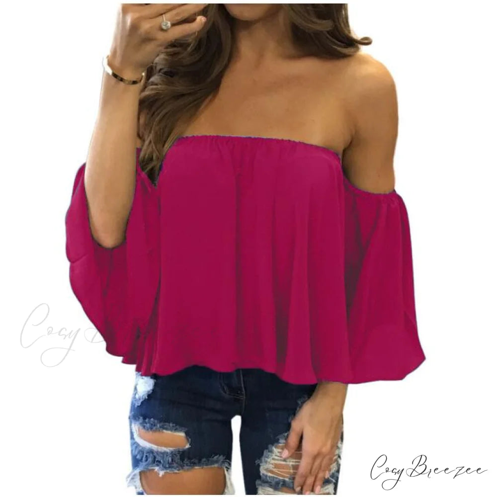Women’s Chiffon Off Shoulder - Warm-Season Top Coastal Strapless - T-shirt 5XL rose red / XS