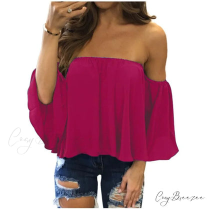 Women’s Chiffon Off Shoulder - Warm-Season Top Coastal Strapless - T-shirt 5XL rose red / XS