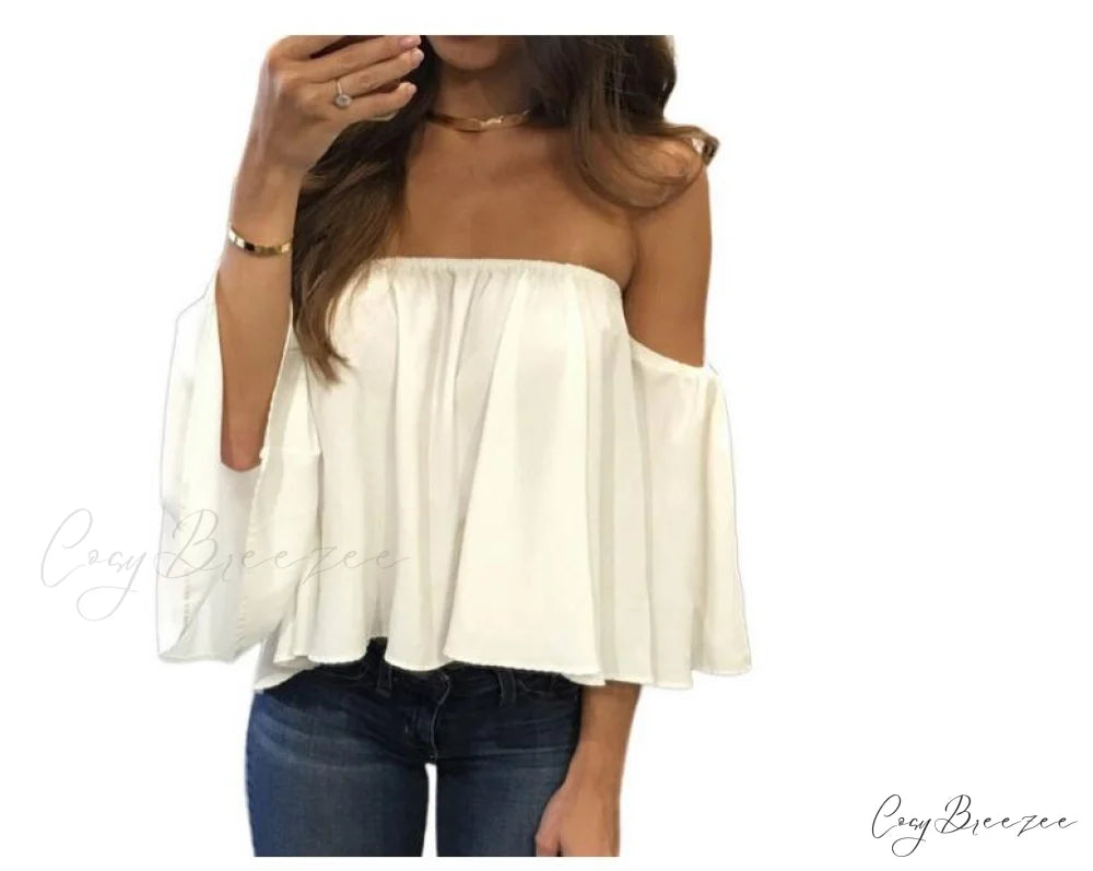 Women’s Chiffon Off Shoulder - Warm-Season Top Coastal Strapless - T-shirt 5XL White / XS