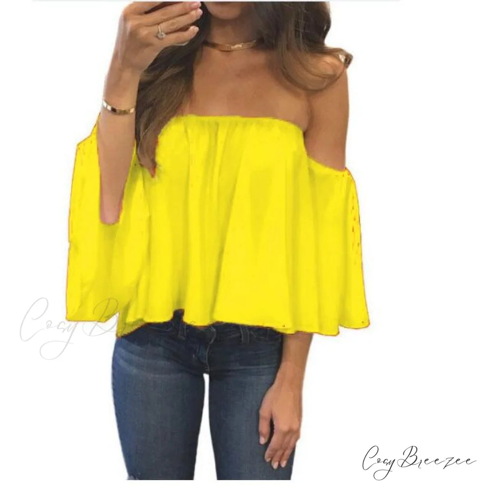 Women’s Chiffon Off Shoulder - Warm-Season Top Coastal Strapless - T-shirt 5XL Yellow / XS