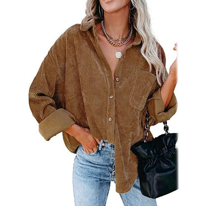 Women's Corduroy Shirts Casual Long Sleeve Top Brown __stock:200 clothes refund_fee:1200 tops