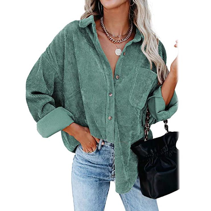 Women's Corduroy Shirts Casual Long Sleeve Top Green __stock:200 clothes refund_fee:1200 tops