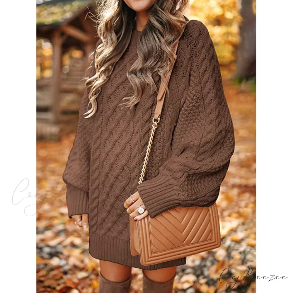 Women’s Crewneck Cable Knit Chunky Pullover Sweater Dress