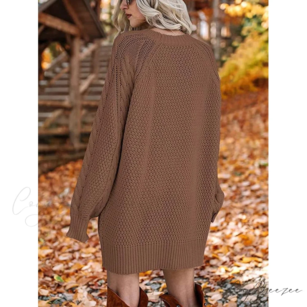 Women’s Crewneck Cable Knit Chunky Pullover Sweater Dress