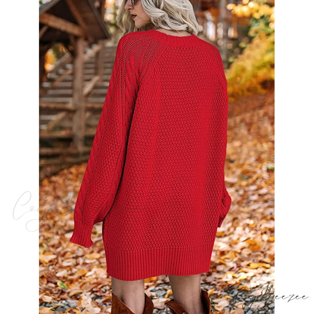 Women’s Crewneck Cable Knit Chunky Pullover Sweater Dress