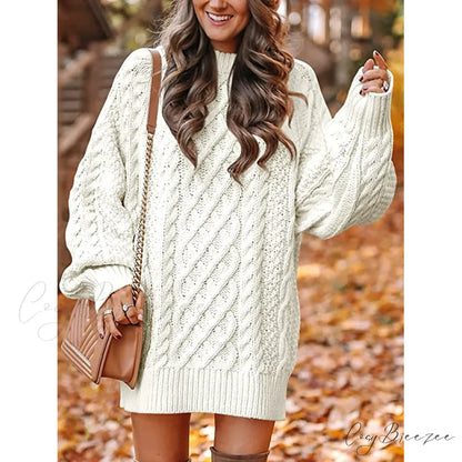 Women’s Crewneck Cable Knit Chunky Pullover Sweater Dress