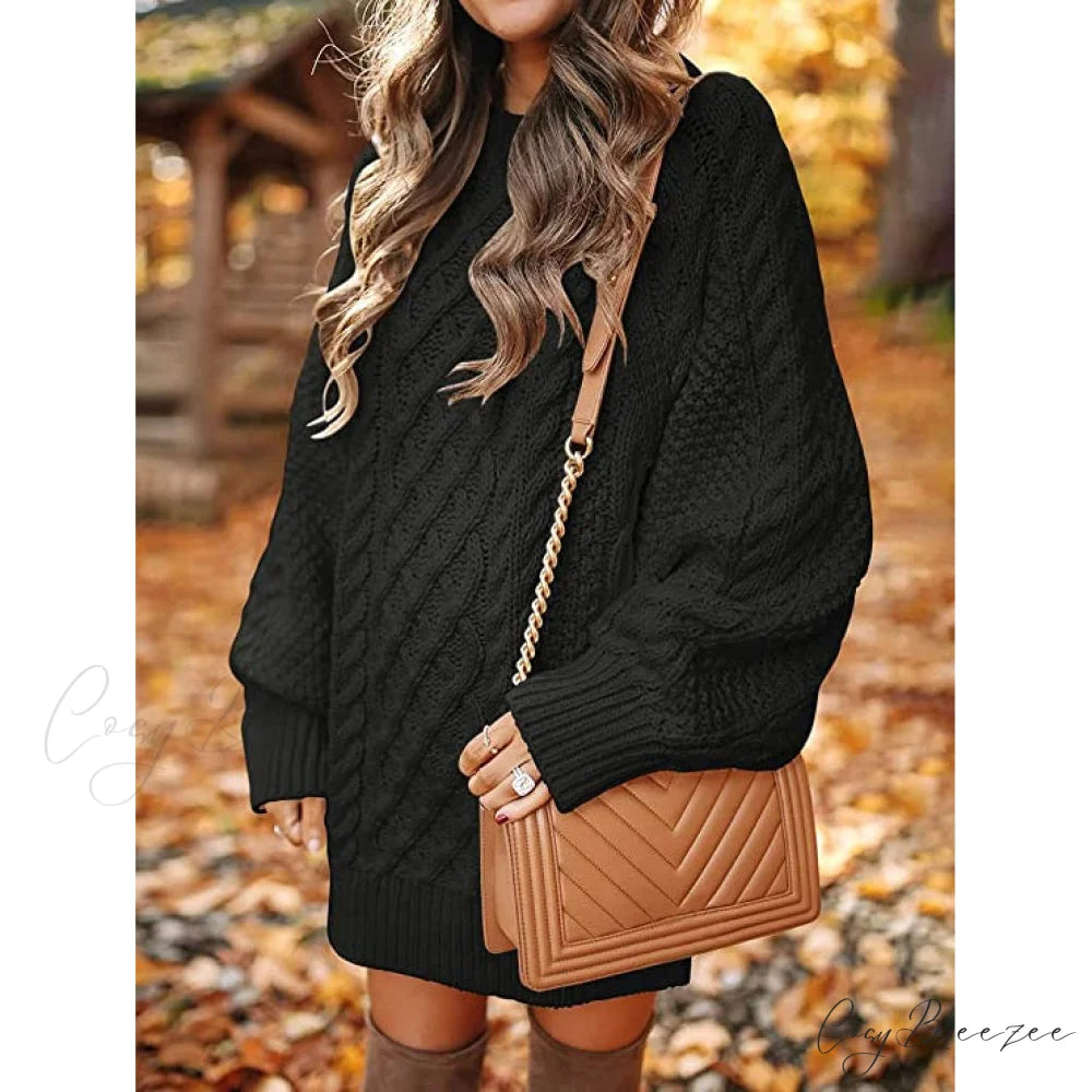 Women’s Crewneck Cable Knit Chunky Pullover Sweater Dress