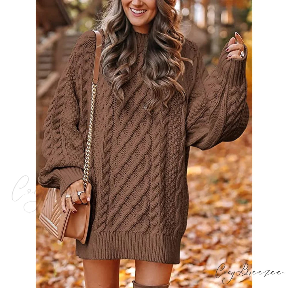 Women’s Crewneck Cable Knit Chunky Pullover Sweater Dress