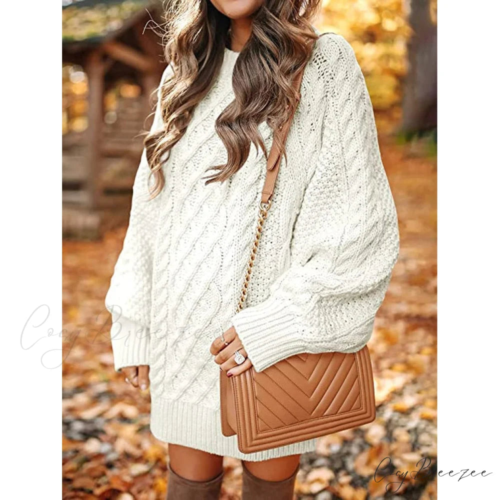 Women’s Crewneck Cable Knit Chunky Pullover Sweater Dress