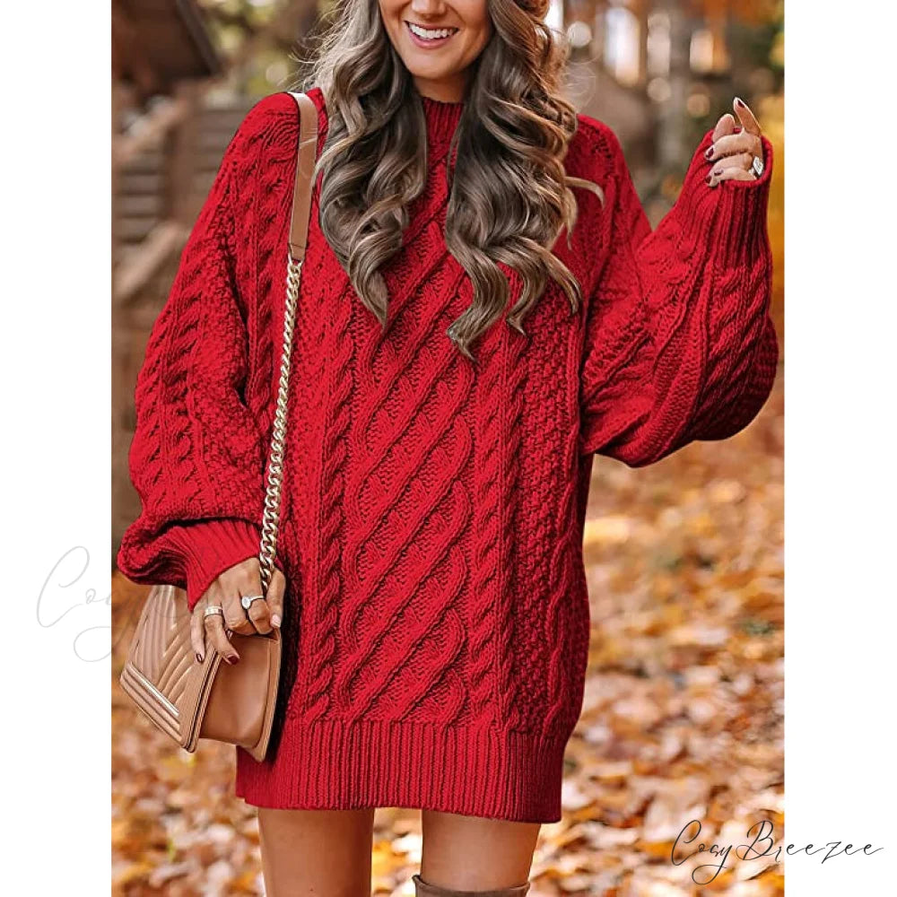 Women’s Crewneck Cable Knit Chunky Pullover Sweater Dress