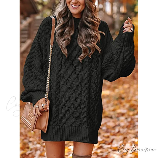 Women’s Crewneck Cable Knit Chunky Pullover Sweater Dress